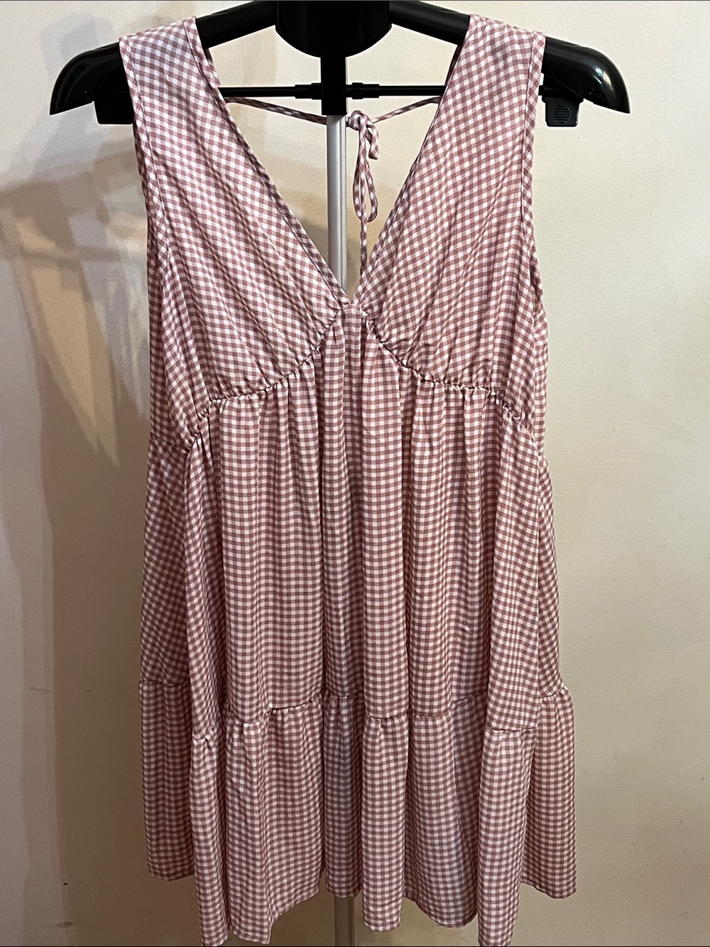 NWOT Made With Love Gingham Mauve Tiered V-Neck Sundress